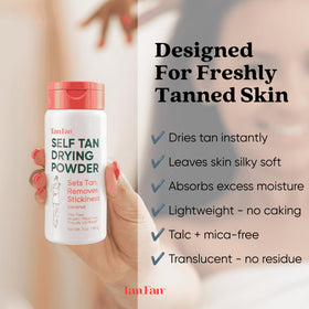 Tan Fan brush applying powder to leg to prevent tan transfer