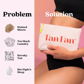 Tan Fan Sleep Sack next to measuring tape showing oversized fit for full coverage benefit