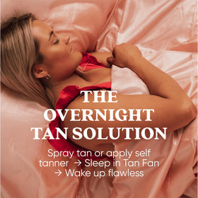 Tan Fan built‑in pillow protector preventing forehead and hairline tan transfer