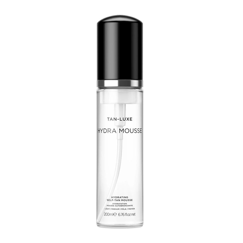 Tan-Luxe Hydra Mousse bottle front view showing packaging and ease of use