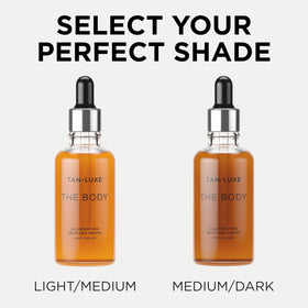 TAN-LUXE bottle beside full-size lotion showing compact travel-friendly scale