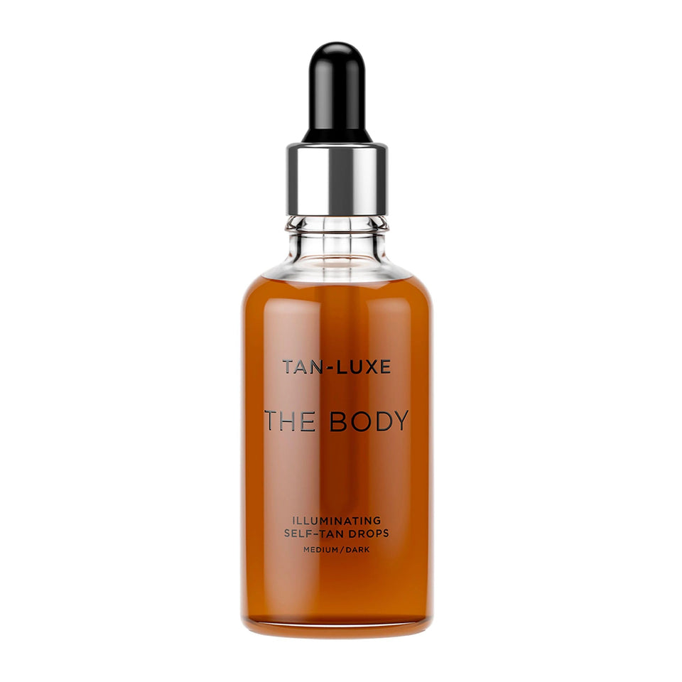 TAN-LUXE front packaging of The Body drops showing bottle and label for an elegant routine