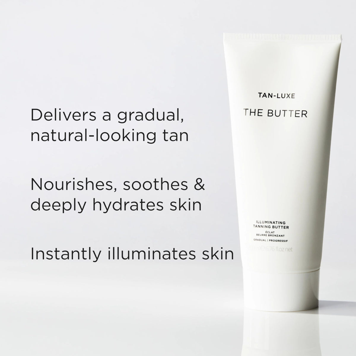 TAN-LUXE cocoa and shea butter display showing nourishing ingredient benefits