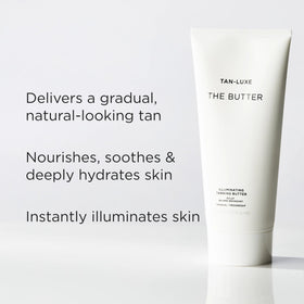 TAN-LUXE cocoa and shea butter display showing nourishing ingredient benefits