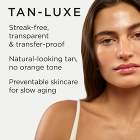 TAN-LUXE drops mixed into moisturizer illustrating customizable tanning and effortless integration