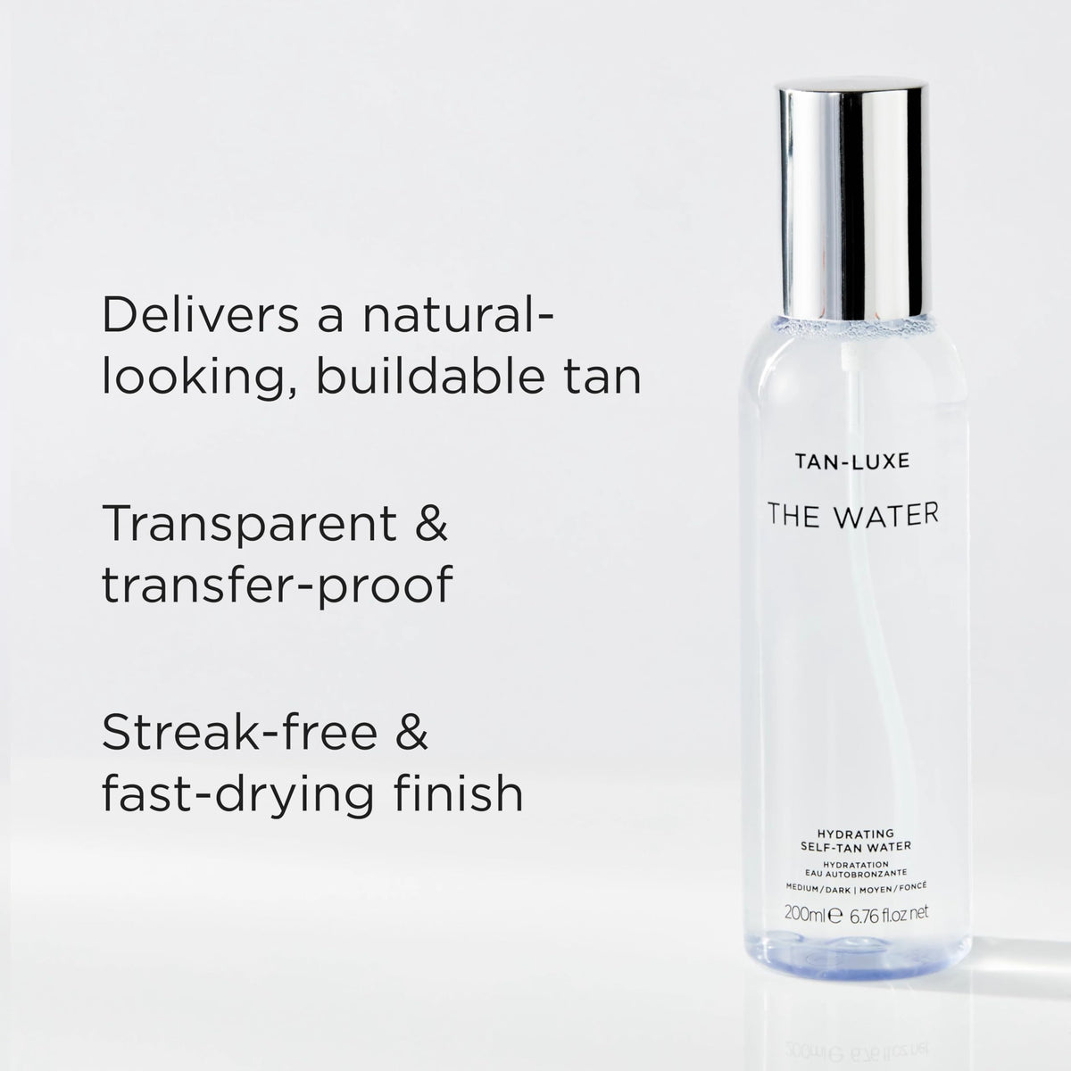 TAN-LUXE focus on vitamins and aloe label showing skincare-infused tanning benefit