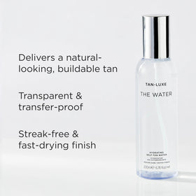 TAN-LUXE focus on vitamins and aloe label showing skincare-infused tanning benefit