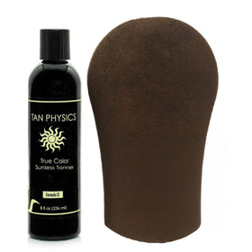 Tan Physics front bottle and mitt showing easy, streak-free application