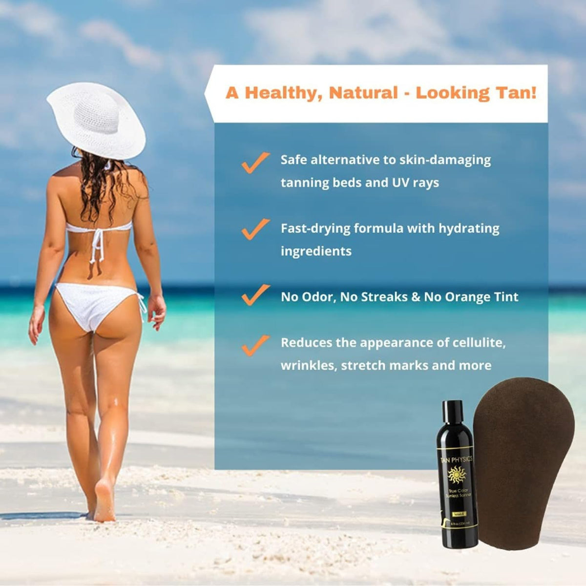 Tan Physics lotion texture close-up highlighting smooth, fast-absorbing formula