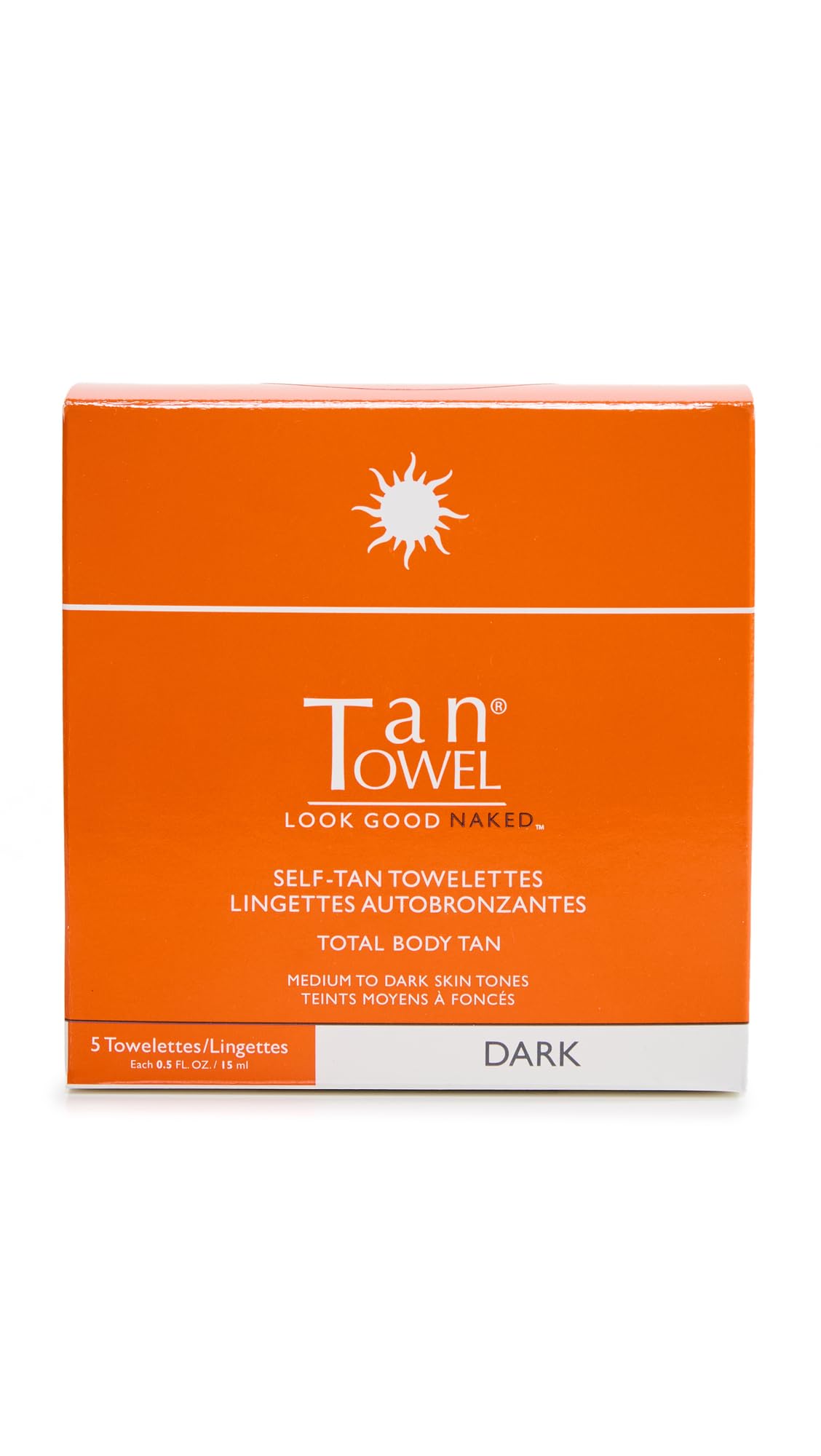 Tan Towel pack front showing five individually wrapped dark towelettes and convenience