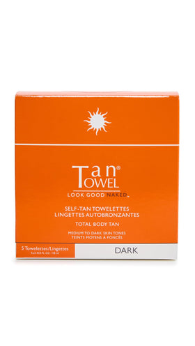 Tan Towel pack front showing five individually wrapped dark towelettes and convenience