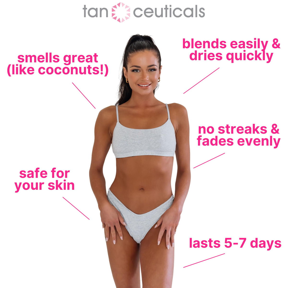 Tanceuticals bottle beside coconut showing fresh coconut scent and appeal