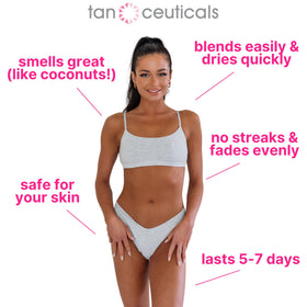 Tanceuticals bottle beside coconut showing fresh coconut scent and appeal