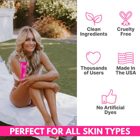 Tanceuticals on beach towel showing natural bronze glow for special events