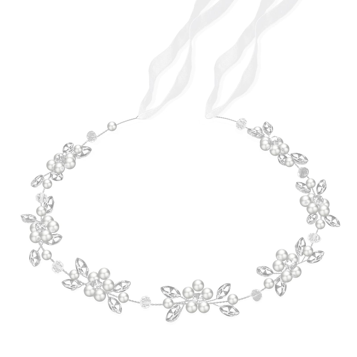 Tanfeine front view silver pearl headband adds elegant sparkle