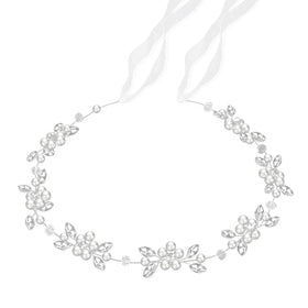 Tanfeine front view silver pearl headband adds elegant sparkle