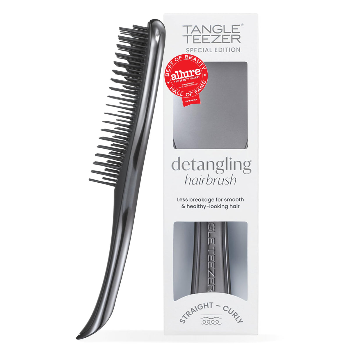 TANGLE TEEZER front view showing chrome finish and ergonomic shape for easy detangling