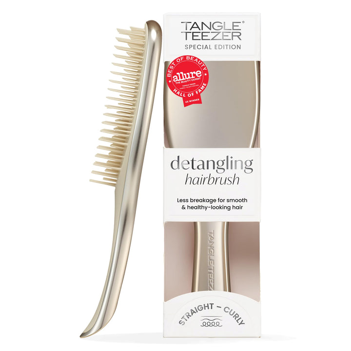 TANGLE TEEZER front view showing champagne chrome finish and compact shape for stylish storage