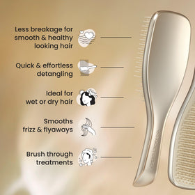 TANGLE TEEZER beside a ruler illustrating compact size for travel convenience