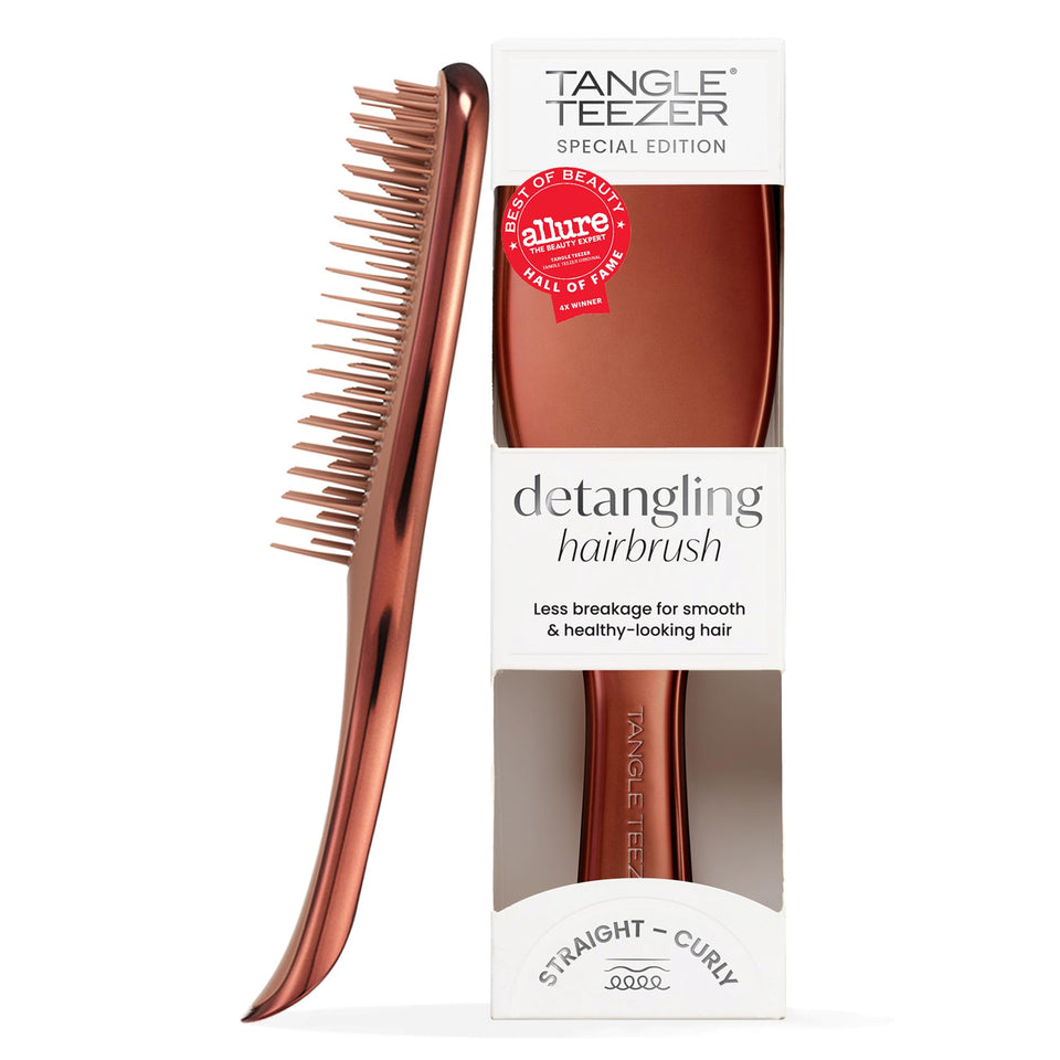 TANGLE TEEZER front view showing chrome chocolate bronze finish and compact shape
