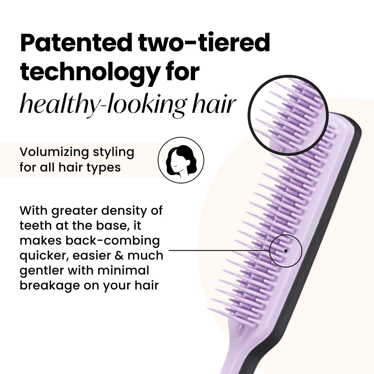 TANGLE TEEZER close-up of two-tiered teeth highlighting gentle lift and reduced breakage