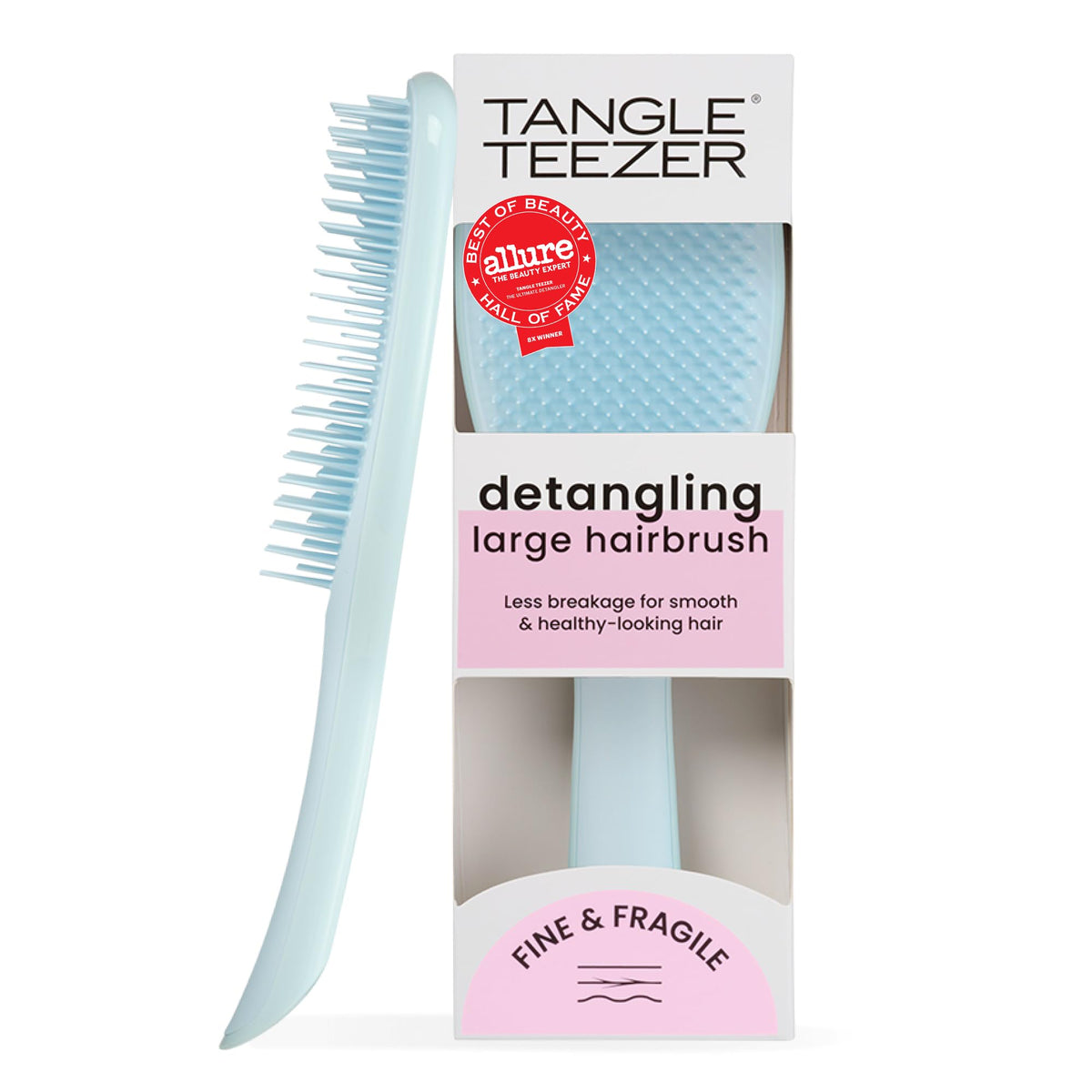 TANGLE TEEZER front view of seafoam blue detangler showing shape and size, easy grooming