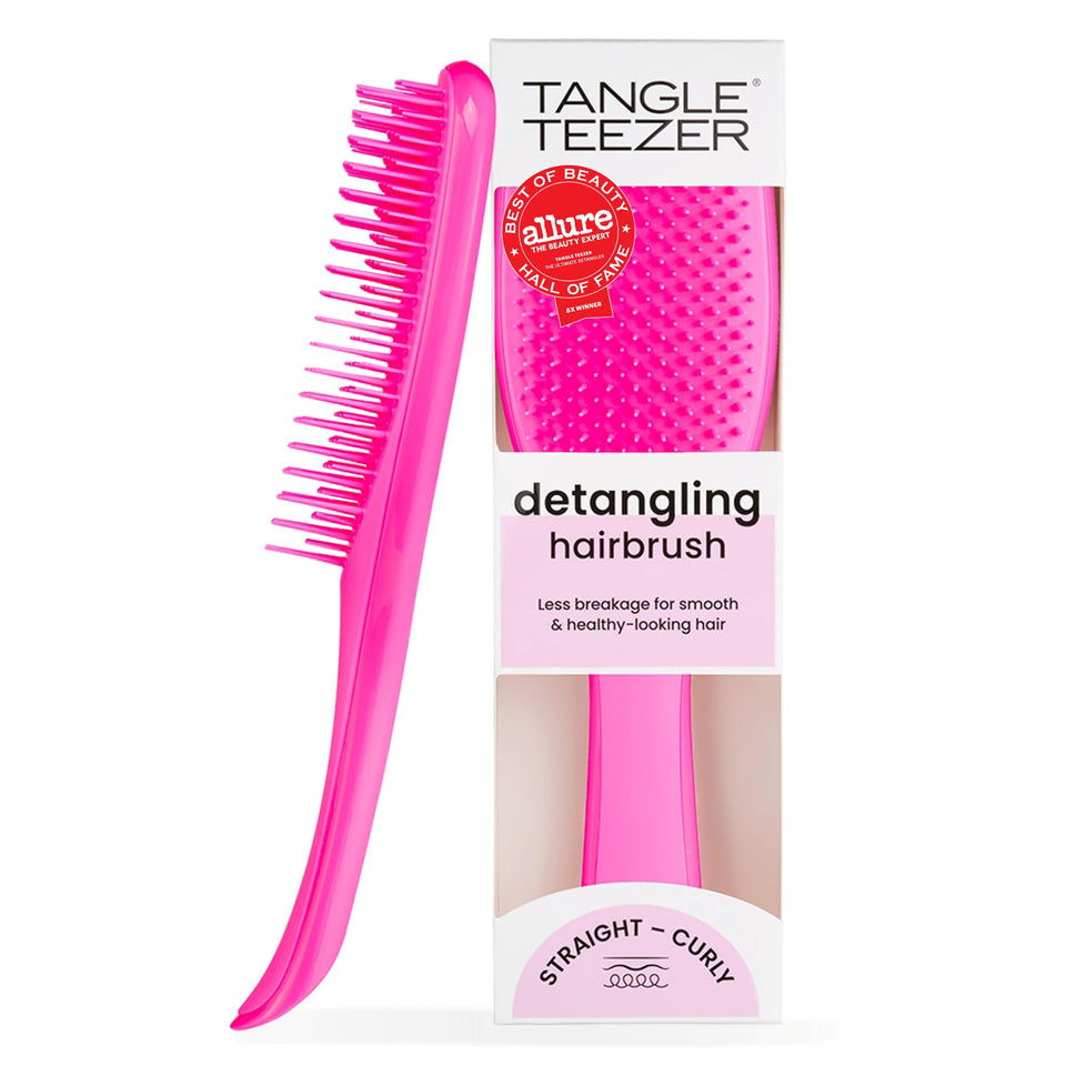 TANGLE TEEZER front packaging in runway pink showing compact detangler — convenient storage
