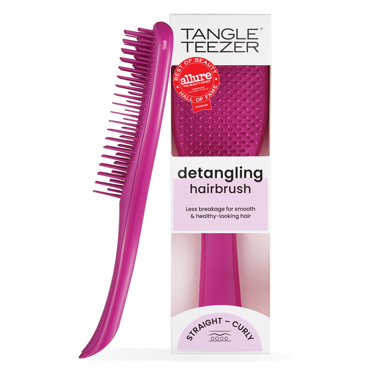 TANGLE TEEZER front view electric raspberry shows compact design and easy grip