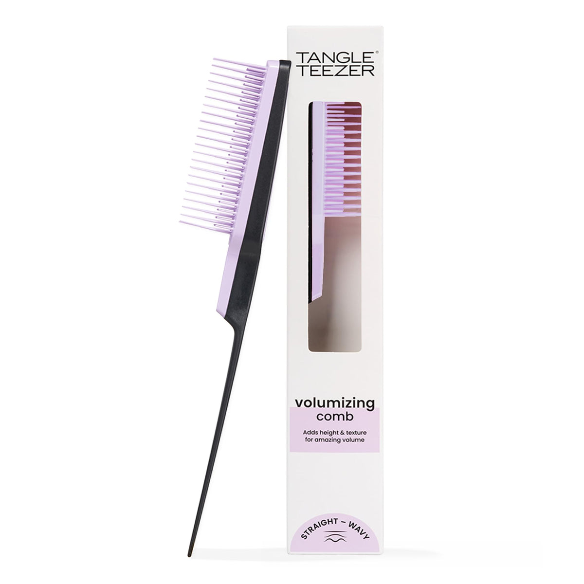 TANGLE TEEZER front view showing lilac and black finish and ergonomic shape for easy handling