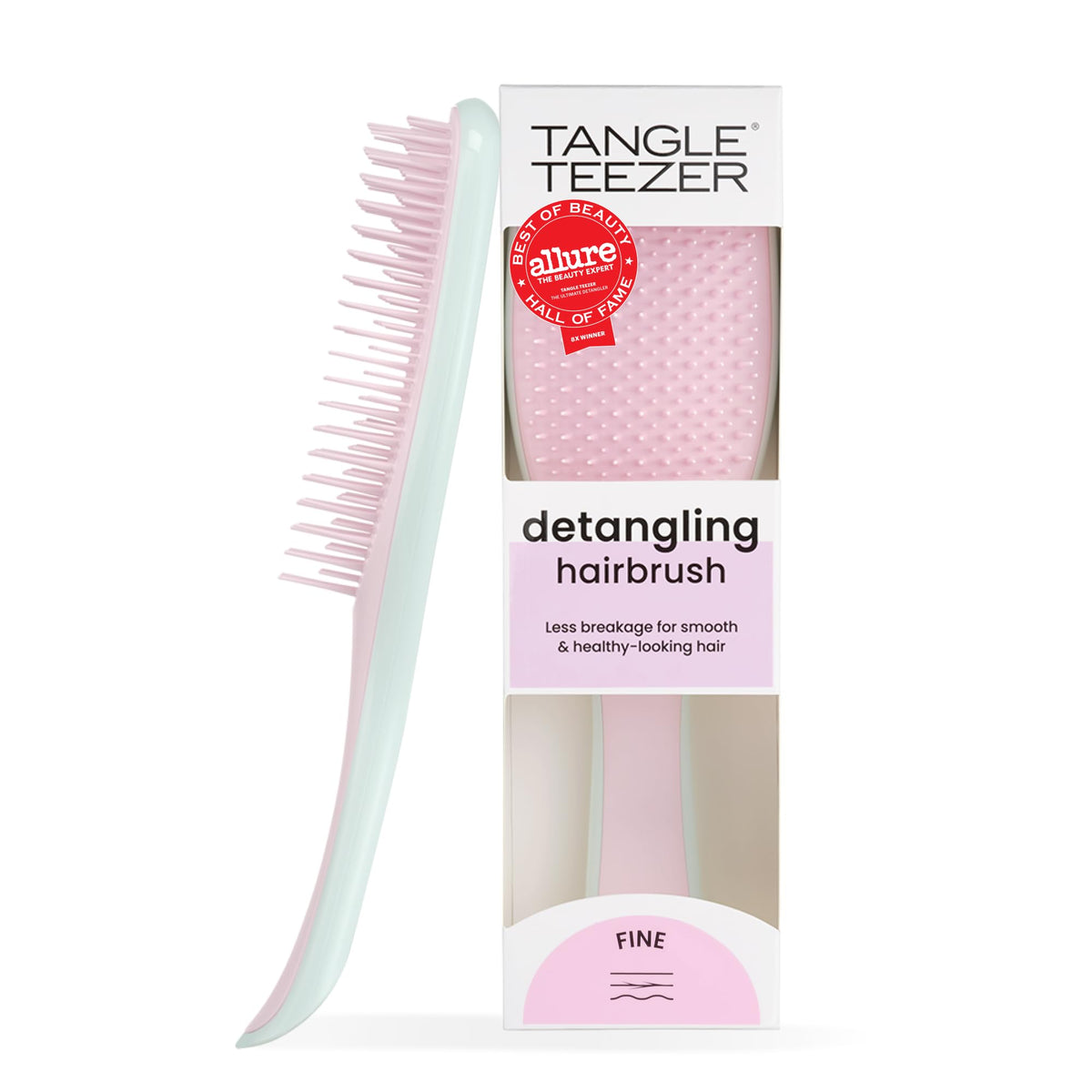 TANGLE TEEZER front view showing compact detangler and pastel finish, easy to spot