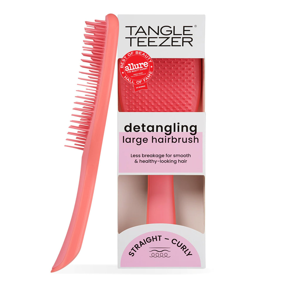 TANGLE TEEZER large detangler front view showing coral pink paddle and grip, faster brushing