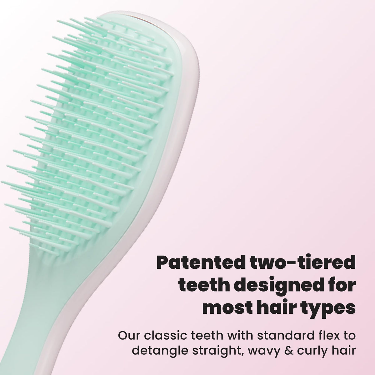 TANGLE TEEZER close-up of two-tiered teeth demonstrating gentle detangling benefit