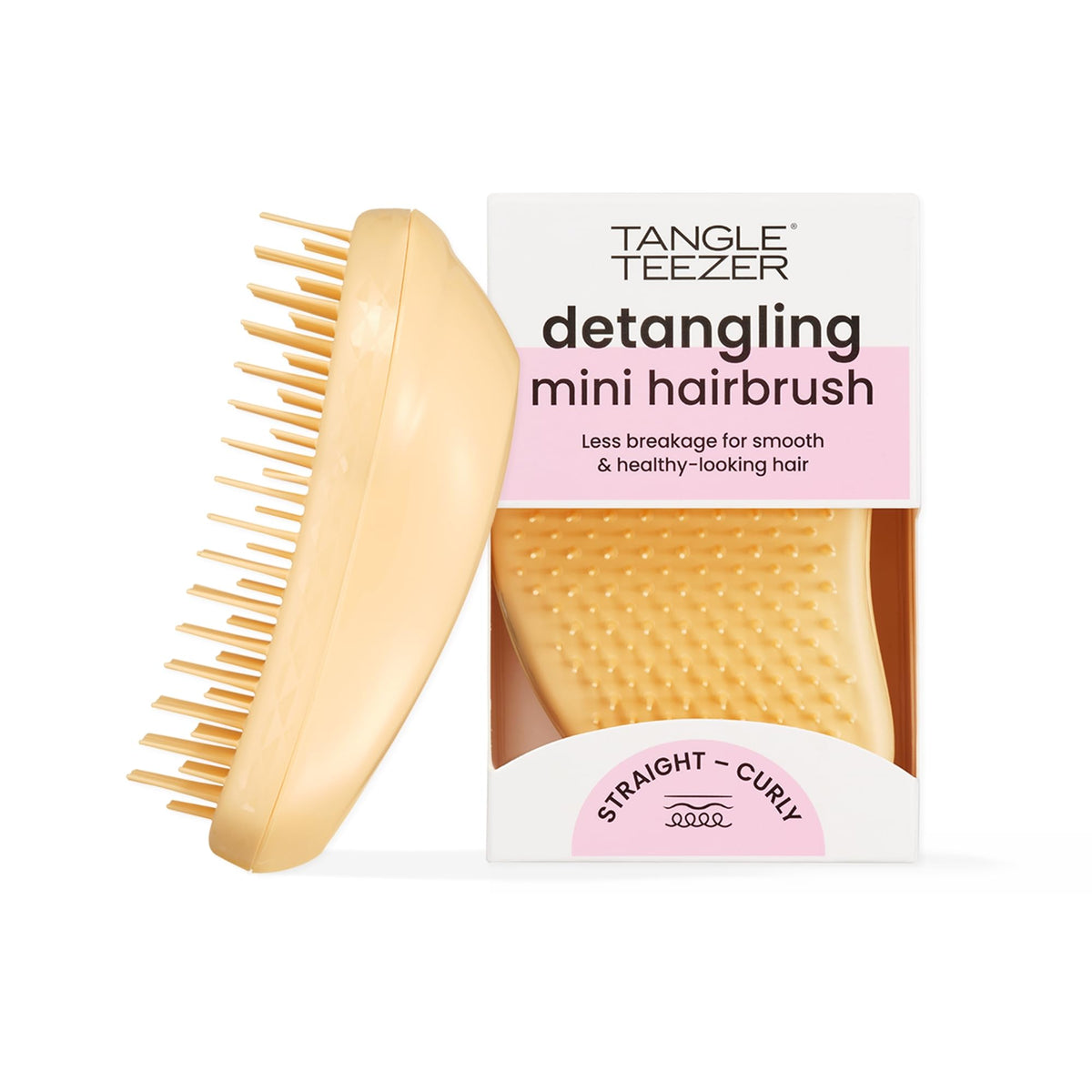 TANGLE TEEZER mini front view showing bright buttercup yellow and compact design benefit