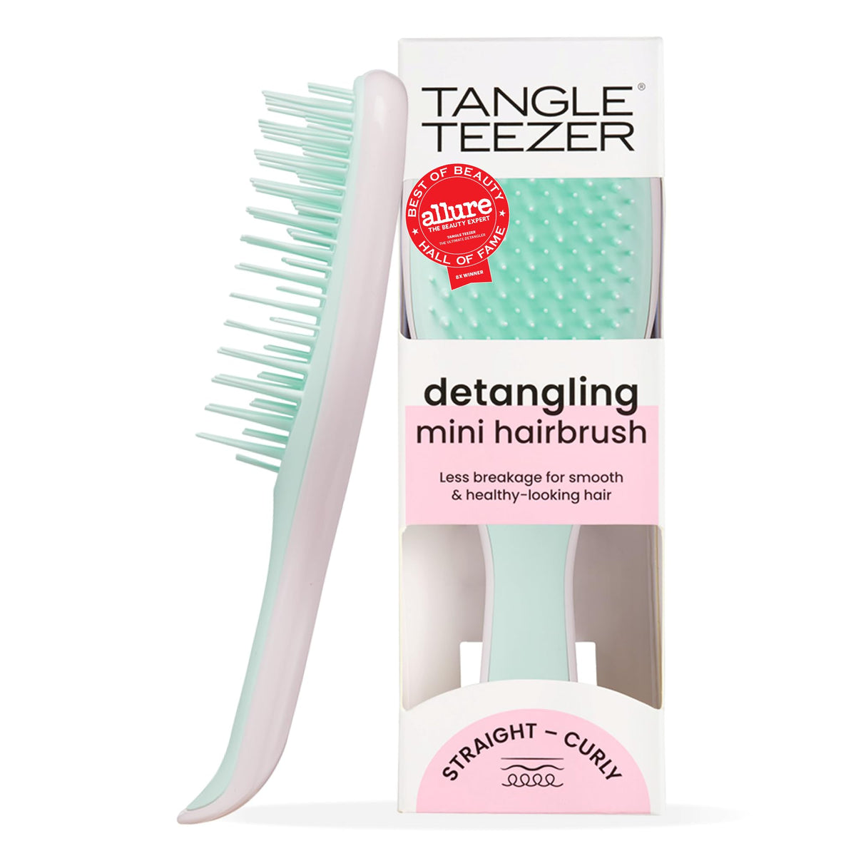 TANGLE TEEZER front view of mini brush showing compact design and vibrant colors