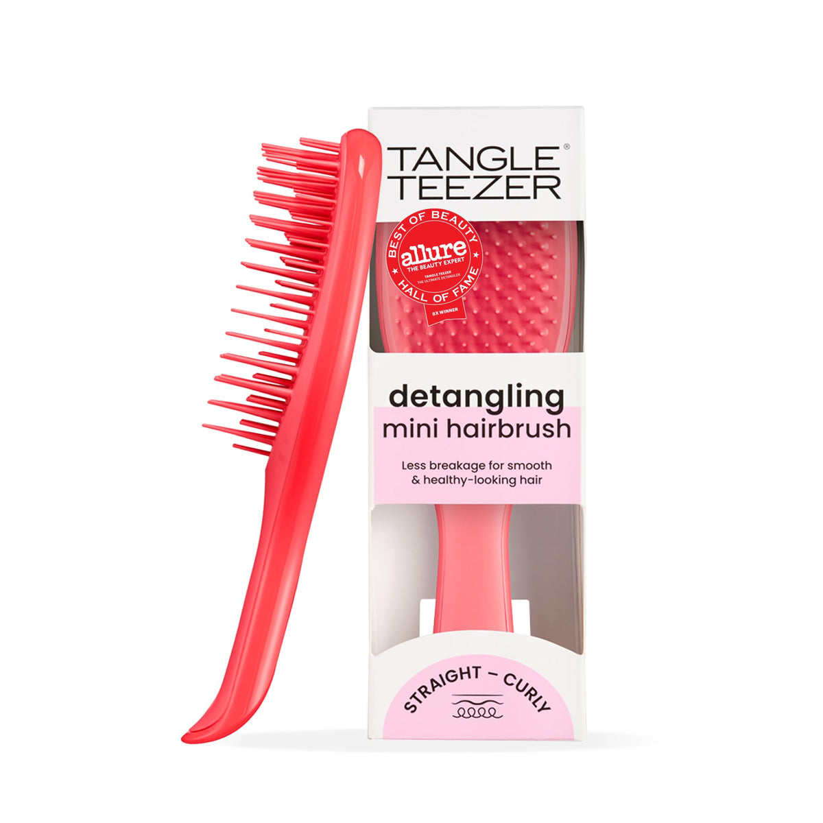 TANGLE TEEZER mini front view showing compact pink tool and easy portability benefit