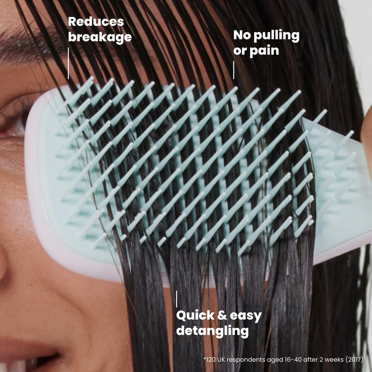 TANGLE TEEZER detangling wet hair illustrating less pulling and smoother strands