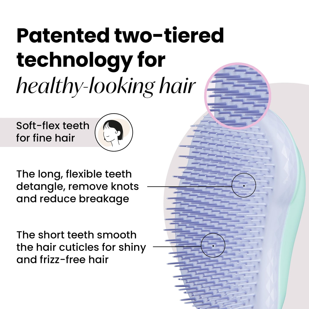TANGLE TEEZER side profile highlighting ergonomic curve and secure palm grip for control