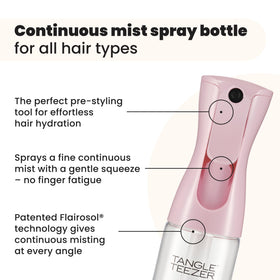 TANGLE TEEZER nozzle close-up highlights continuous fine mist precision