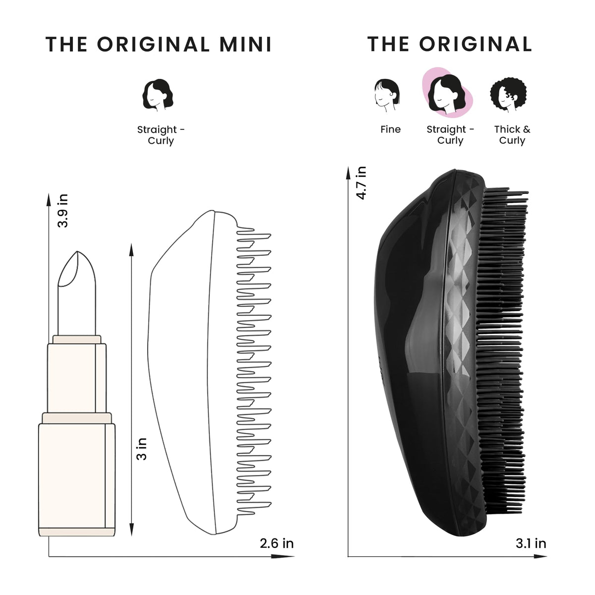 TANGLE TEEZER detangling a curly strand, smooths and reduces frizz benefit
