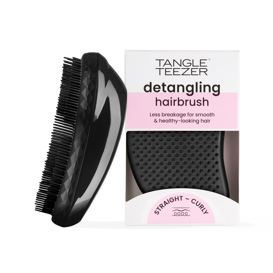 TANGLE TEEZER front view showing compact panther black brush, easy handling benefit