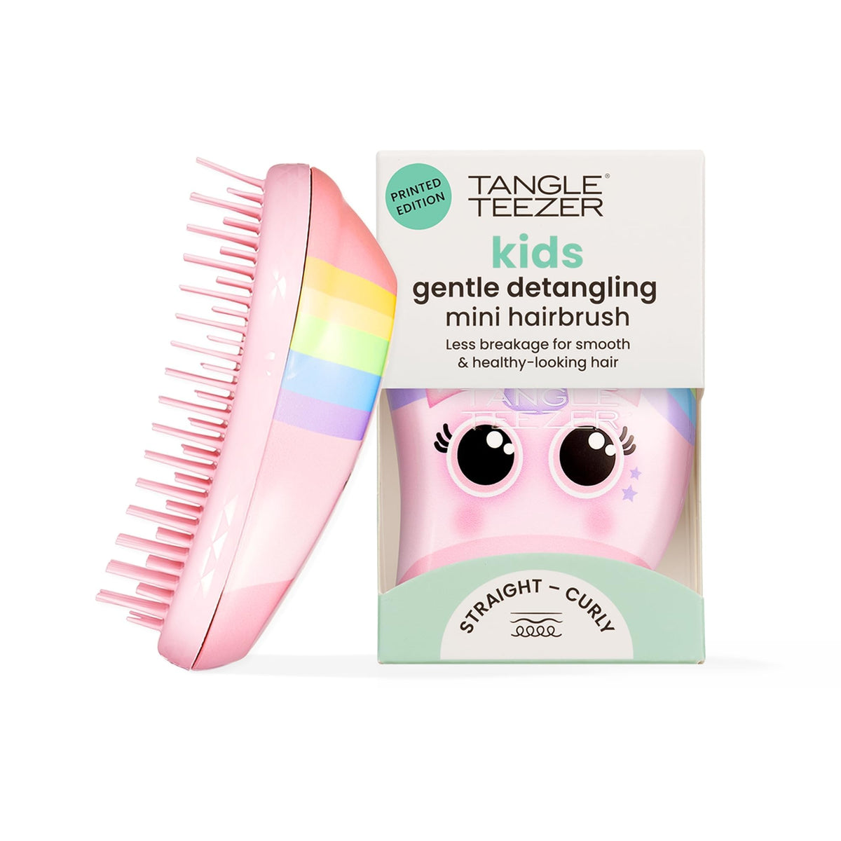 TANGLE TEEZER front view showing rainbow unicorn packaging and compact benefit