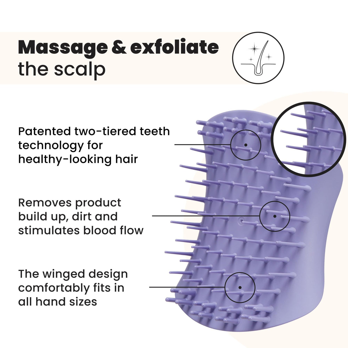 TANGLE TEEZER close-up of dual-length teeth that lift product buildup effectively