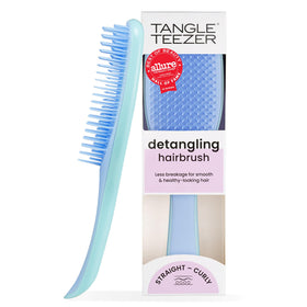 TANGLE TEEZER front view showing denim blues finish and ergonomic grip benefit