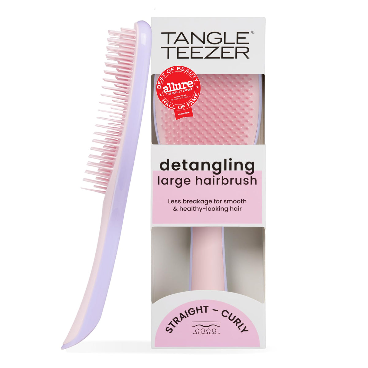 TANGLE TEEZER front view of pink and purple detangler showing shape and ergonomic design for fast brushing