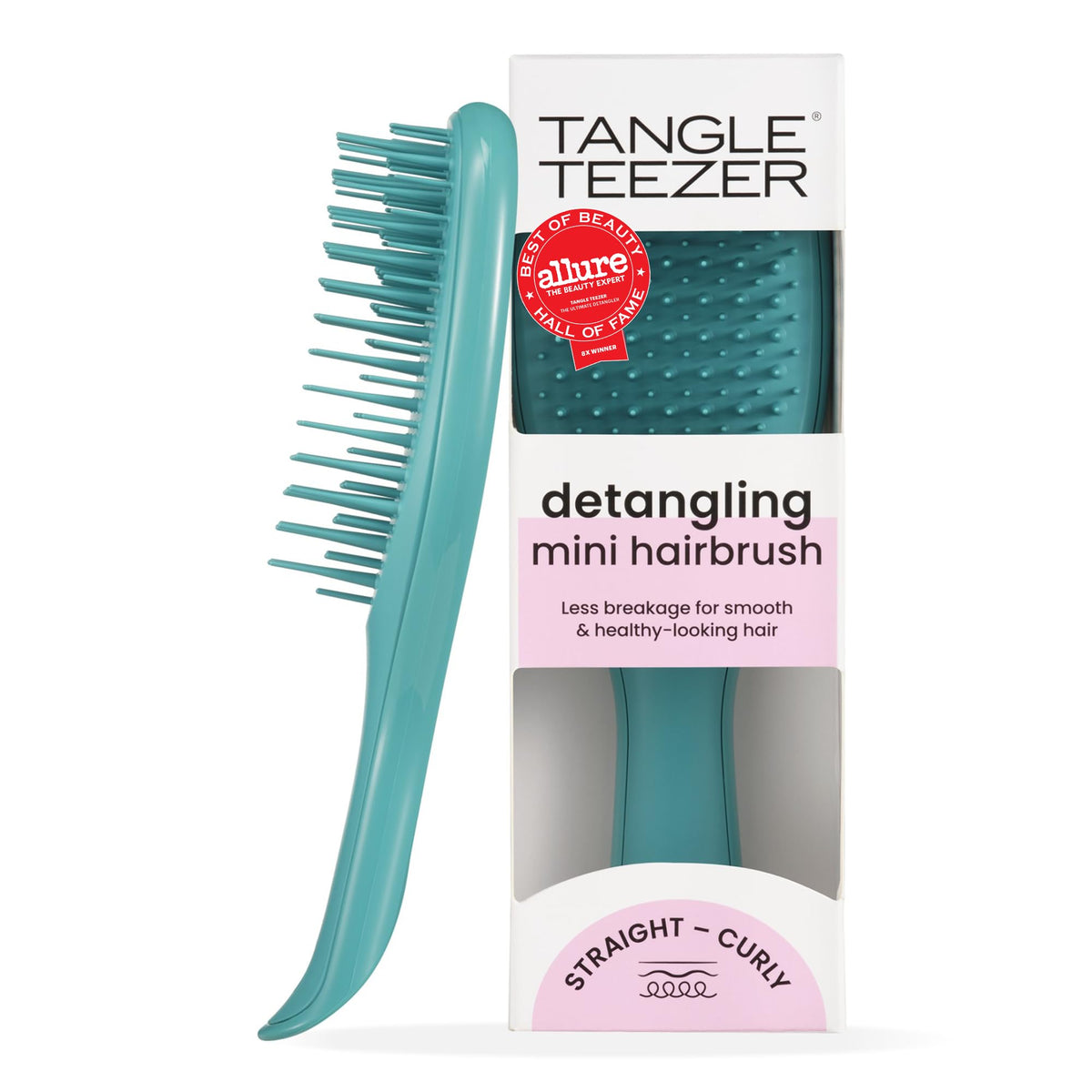 TANGLE TEEZER front view showing compact teal brush and easy grip benefit