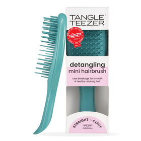 TANGLE TEEZER front view showing compact teal brush and easy grip benefit
