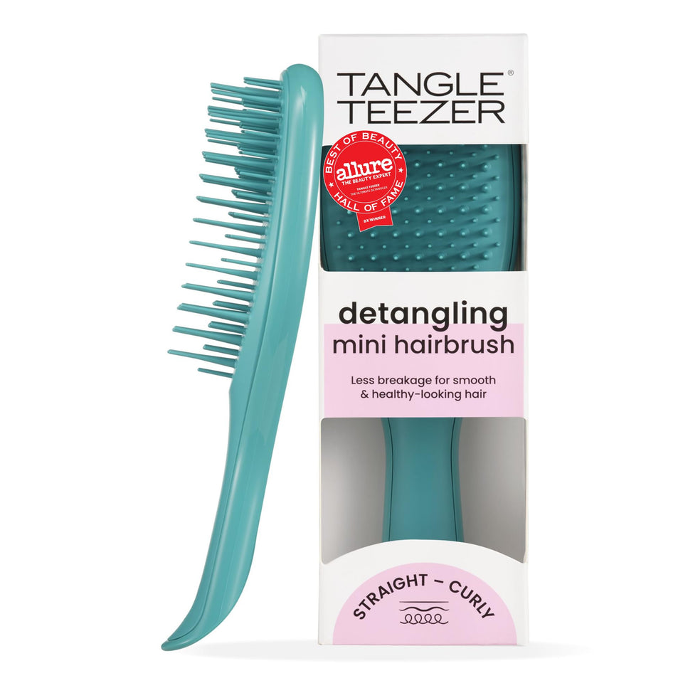 TANGLE TEEZER front view showing compact teal brush and easy grip benefit