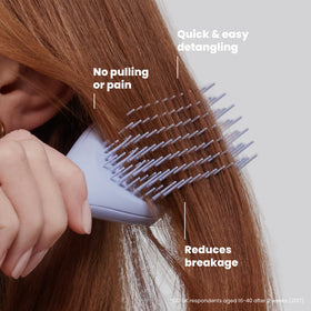 TANGLE TEEZER held in hand to show travel-size scale and easy storage benefit