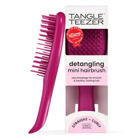 Tangle Teezer front view of mini detangler in Electric Raspberry, easy to carry