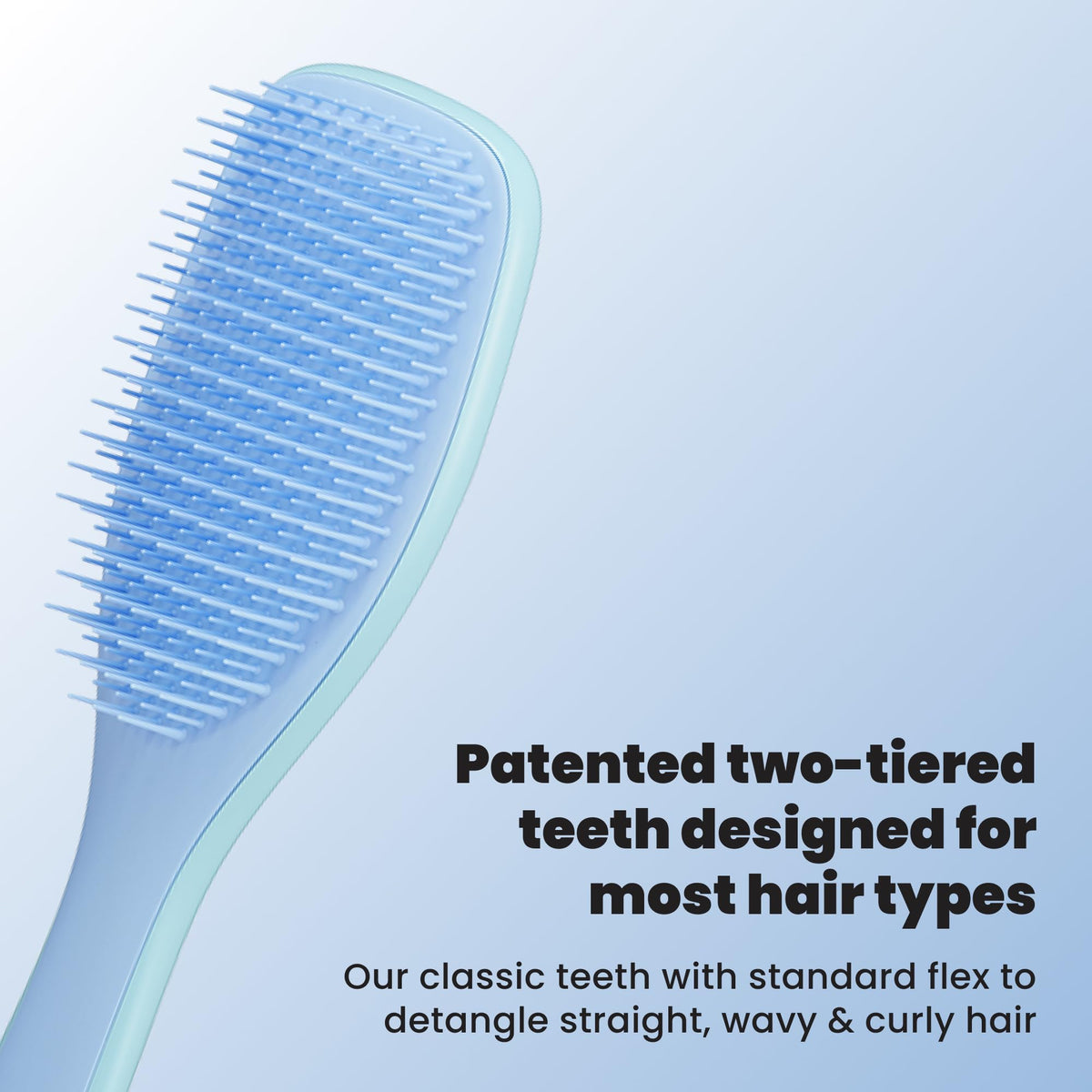 TANGLE TEEZER close-up of two-tiered teeth demonstrating gentle detangling